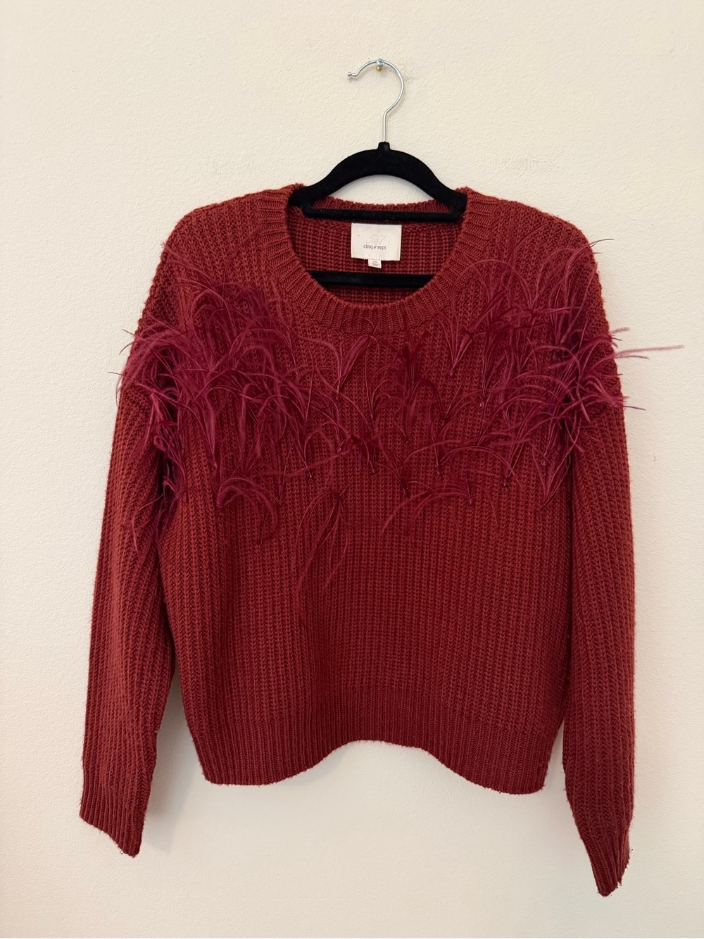 Cinq a Sept Burgundy Melanie Sweater Size XS Ostrich Feathers Quiet Luxury Cozy